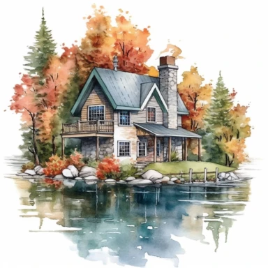 cozy lake house, watercolor, clipart