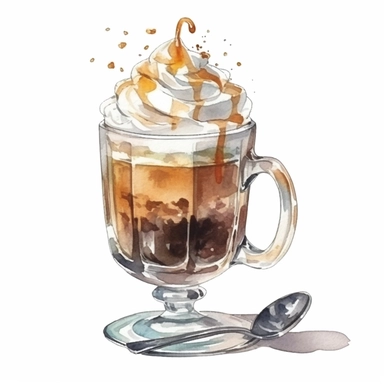 a cup of affogato, glass cup, clean image, clipart on white background, watercolor