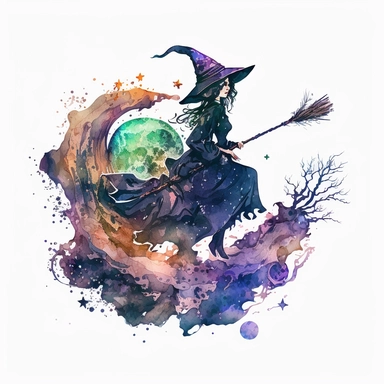 watercolor drawing of witch on a magic broom, many witchcraft elements, fantasy, fairytale, storybook, clipart, very detailed, very rich bright colors, dark mood, white background, 4k quality