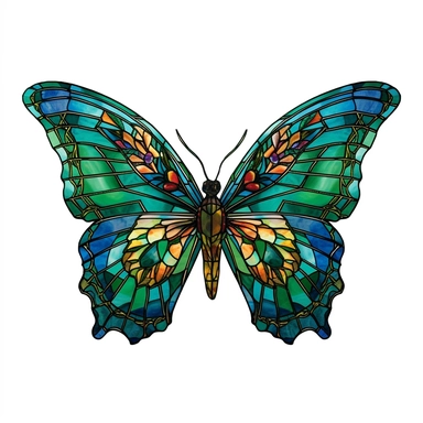 A green-dominated stained glass butterfly, its clipart form displaying a spectrum of lush and verdant hues in a detailed, hyper-realistic design white background