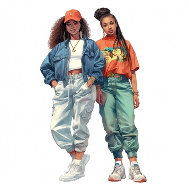 black, African American girls wearing retro 1990’s style urban streetwear fashion clipart, watercolor style, hyper realistic, detailed, white background