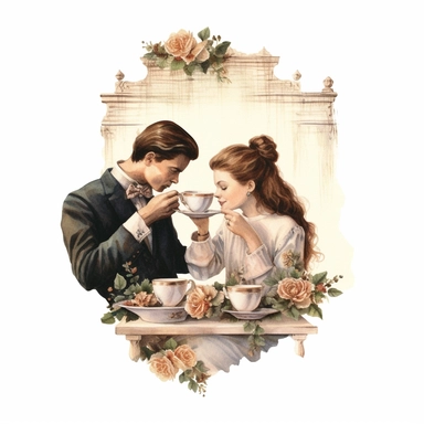 beauty couple drinking coffee, vintage cups, flower digital clipart on white background