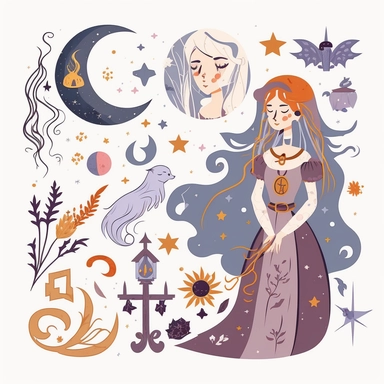 Magic Girl Clipart, Medieval Girl Clipart, Celestial Woman, Mystic Clipart, Moon Clipart, a Zodiac girls wizard on white. Flat vector illustration