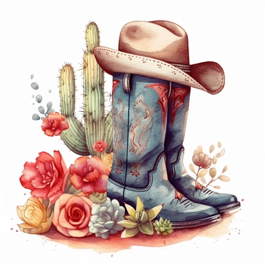 western, faded red and blue, hat over the boot,retro, cowgirl boots and cactus, boho vibe, feminine design, drawing, vintage , Develop an enchanting clipart illustration on a white isolated background vector, featuring an intricately big cowgirlhat gently placed on the top of the cowgirl boot leaning against a magnificent cactus plant, luminous and atmospheric paintings, to create a composition that exudes tranquility and captures the beauty of the hat's connection with the desert environment, h