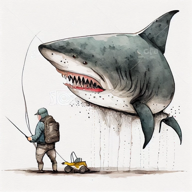 funny big sish going to fishing big shark , CLIPART, watercolor, ink, ultra-detailed, cartoon style, white background, black outside lines –testp,
