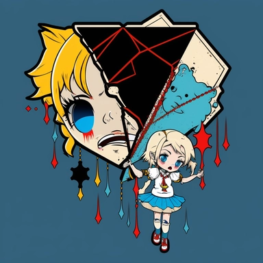 kawaii but creepy marionette being manipulated and face shattered into a prism, borderline personality disorder, identity crisis, mental slavery and prison multiple personalities and emotions Japanese manga style clipart