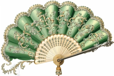 vintage illustration of a opulent rococo hand fan with sagey green colors and silver gold embroidery with copper handle, clipart,