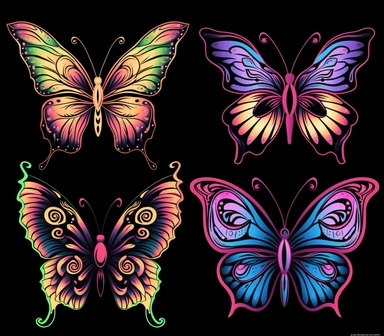 6 tattoo art style blue butterflies, black defined lines, high details, clipart, hd, isolated on black background, spaced out, vibrant rainbow colors