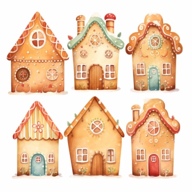 very simple watercolour childrens book style drawing of different cute gingerbread houses, pastel colours soft on white background for clipart, 8k