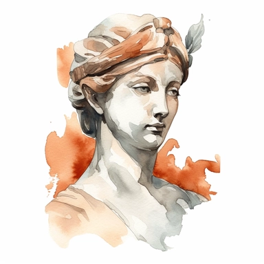 terracota marble statue, head of a woman, looking like greek statue, detailed, clipart, watercolor