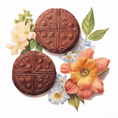 4 watercolor cliparts of neoclassical chocolate cookies with flowers integrated on it, yaka art, Hyperrealistic still life, aurorapunk, 1990s, appropriation artist, hellenistic art