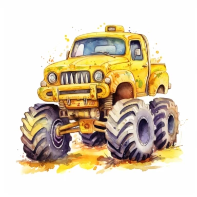 High quality watercolor illustration, monster truck in yellow with eyes, detailed, playful, Nursery Art, Kids Art, Nursery clipart isolated on white background