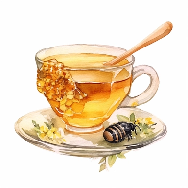 whimsical watercolour clip art honey tea in a glass cup and saucer