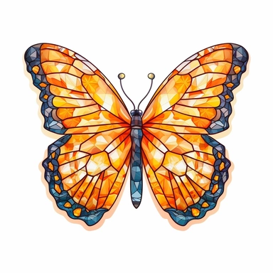 A hyper-realistic clipart of a stained glass butterfly, where vibrant oranges take center stage, creating a lively and energetic image white background