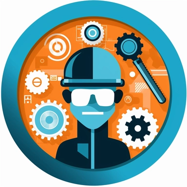 a piece of clipart showcasing Specialist Engineering Services. The image should feature iconic engineering tools such as gears, blueprints, and a safety helmet, along with a magnifying glass to symbolize the specialty and attention to detail. The design should be clear, with a minimalist approach, and the colors should be bold and professional.