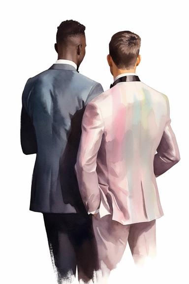 watercolor portrait illustration of dark-skinned groom with dark-skinned best man clipart, view of the back, zoomed in close view, in style of Michiel van Huysum, subtle faded color variations, hyper-detailed hd watercolor clipart, on white background, spaced out
