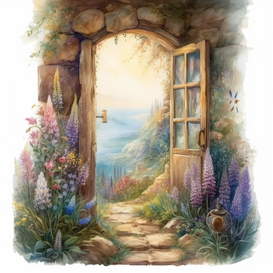 isolated on white illustration watercolor art of a front door from inside the fairy house, the window shows the landscape from the garden with lupine and a road going into the mountains, a lot of lupine, masterpiece by Hans Zatzka style and by Josephine Wall style and by Alexander Jansson style and by Ivan Fedorovich Choultse style, Art Nouveau Architecture, PNG clipart, isolated on white, extreme photorealistic details, 32k HD resolution, realistic high detailization high resolution