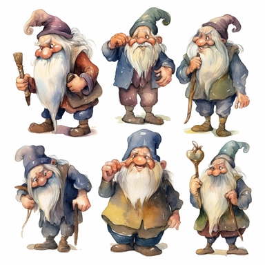 Watercolor Seven Dwarfs (Doc, Dopey, Sleepy, Grumpy, Sneezy, Bashful, and Happy) , llustrations clipart set, simple , cartoon elements, fairy tale theme and elements, different characters, handsome blonde prince, the huntsman, the evil queen, mirror, different variants , , separate elements with a margin