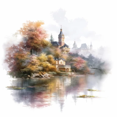 isolated on white illustration watercolor art of a elegant part of the beautiful lake embankment with small white houses and flowering trees with summer flowers, lace and embroidery, Scandinavian architecture, masterpiece by Thomas Kinkade style and by Vladimir Kush style and by Martin Johnson Heade style, PNG clipart, isolated on white, extreme photorealistic details, 32k HD resolution, realistic high detailization high resolution
