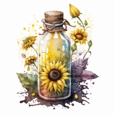 a vial of potion with sunflowers inside, white and yellow vibes, watercolor clipart