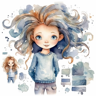 watercolour clipart of a girl, with crazy brawn hair, blue-gray eyes, the sweet and scatterbrained dreamer, with a great sense of humor. She immerses herself in the world of digital design, creating exquisite papers for scrapbook albums. Though she may often forget things, her delicate touch and gentle nature shine through her artistry, make her smiling, exalted mood, white background, 8k, f1