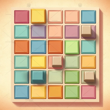 a game of matching 3 x 3 rectangle colorful pieces, on a light brown pastel color background, clipart style