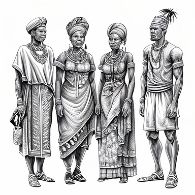 four nigerian villager african male and female village couples standing tall and dignified, coloring page for adults, no color, crisp lines, coloring pages for adults, think lines, clipart, vector, full body, no shading, full body, realistic, 8k, detailed