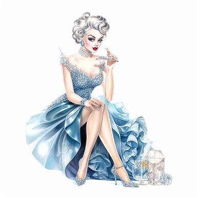 Hand drawn 1950’s pin up woman, dressed like Disney's cinderella, holding an intricate glass slipper, very glamorous with jewelry, shades of blue coral and silver, half body, very detailed and realistic, watercolor, white background with margins, clipart style