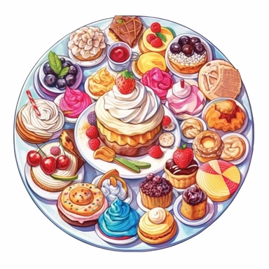 watercolorpainting with desserts covered with frosting on plate, in the style of jody bergsma, colorful composition, wimmelbilder, everyday objects, high resolution, isometric, hand-coloring Clipart desert cartoon t-shirt graphic, vector,contour, isolated on a white background