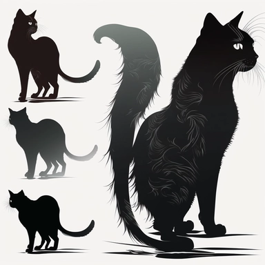 collection black cat in profile, walking, clipart, white background