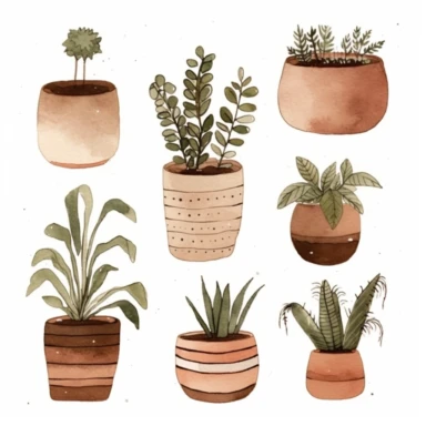 6 spaced out clipart, watercolor cute boho house plants, neutral tones