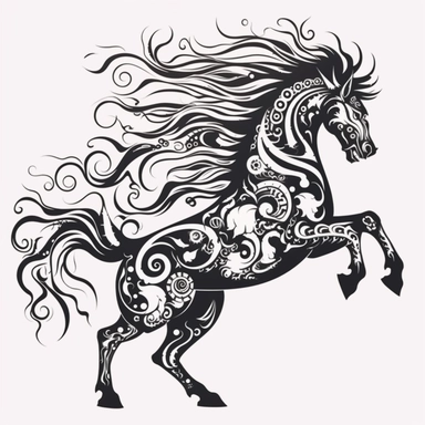 entire body dancing fire horse dragon. grinning. screaming. 4 legs. thrashing tail. profile view. black only, flat image, no shadows, no depth. black and white only. tribal animal clipart, laser cut design, white background, black cutout design