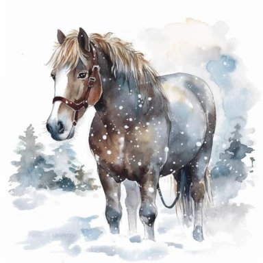 adorable watercolor winter illustration clipart, horse in the snow, winter, dark colours, highly detailed, markers copic style, white background