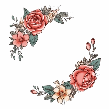 Rose flower frame, circle, vintage colors, illustrated clipart, simple, isolated white background, 8k
