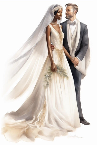 amazing detailed watercolor clipart of a beautiful smiling black woman bride and a Caucasian groom, the woman with a beautifully detailed Heavenly draping baroque-inspired haute couture gown on a beautiful young woman stunning seraphim posing a classical