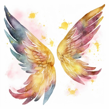 Colorfull clip art watercolor for kids, A clipart set featuring a pair of angel wings with a golden glow or halo effect, surrounded by glittery stars or other celestial elements, 8k
