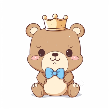 clipart, cute kawaii baby teddy bear wearing crown and blue bowtie, light beige, white background