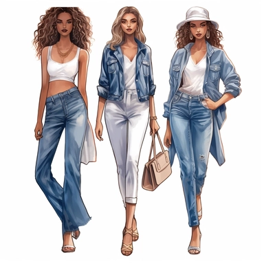 illustration clipart fashion girls, glam girls, denim girls, white background,