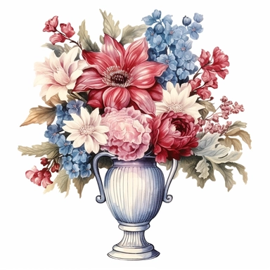 pastel red white blue color vintage wedding floral bouquet in a vase clipart