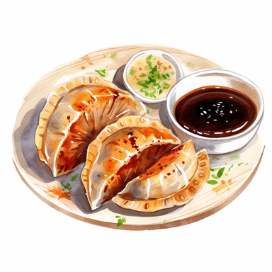 picturesque,bright luxury Japanese nutural food, Pan-fried gyoza dumplings with brown burnt marks, Japanese Gyoza have Juicy on the inside, a golden brown and slightly crispy base, for the restaurant menu, icon clipart on white background, watercolor, detailing in pastel colors, high quality, painted by Beatrix Potter, 8k,