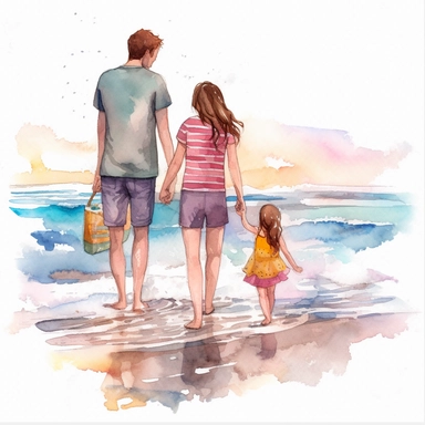 Watercolor: a family at the beach at summer, enjoying the nice weather, full body png realistic cartoon 32k UHD cute 15cm thick outline in black with no shadow on the floor. with illustrations, realistic watercolors, and detailed illustrations Cartoon, PNG clipart, transparent white background