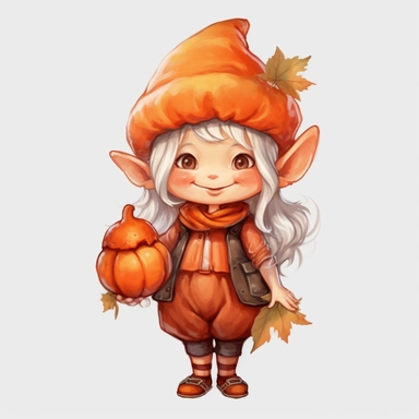 A delightful, hand-drawn clipart image of a friendly female gnome with no beard, dressed in a charming, orange ensemble, sporting a tall, orange pointy hat, and standing with a welcoming smile, acorns and fall leaves, holding a pumpkin pie, presented on a