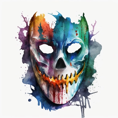 scary halloween mask watercolour tempera clipart illustration, vivid dark colours, clean, crisp, smooth, white background
