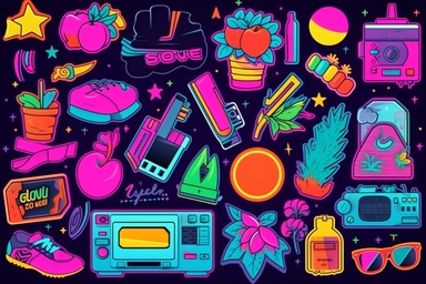 Retro 80s 90s clipart set. Neon colors y2k fashion patch, badge, emblem, stickers.