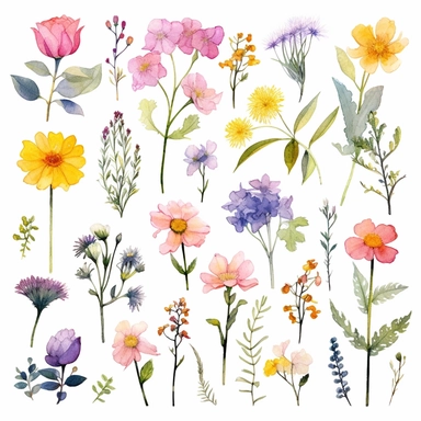 Wild Flowers Watercolor Clipart, vibrant colors, delicate petals, blooming beauty, artistic creation, natural inspiration, artistic expression, floral elements, hand-painted style, colorful palette, botanical illustrations, floral arrangements, serene ambiance, tranquil setting, moonlit night, starry sky, peaceful atmosphere, mystical charm, ethereal glow, dreamy mood, soft lighting, watercolor effect, textured surfaces, brush strokes, detailed textures, fine details, high-resolution image, real