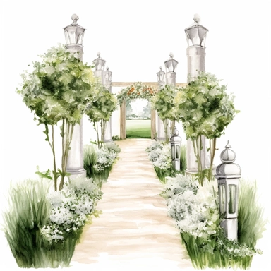 Hand drawn aisle grass with white brick, tall topiary’s with white flowers line the aisle and sparkly crystals, glamorous, very detailed and realistic, watercolor, clipart style, white background with margins