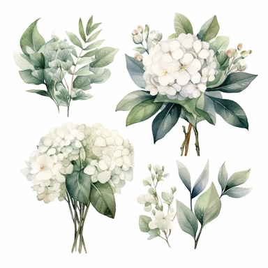 watercolor collection clipart wedding bouquet white creme hydrangeas eucalyptus decent colors no background