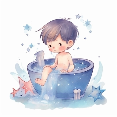 little boy, full body, In which Billy reluctantly enters the bathtub and starts to learn about hygiene. He discovers the importance of washing his hands and face, and begins to enjoy the warm water., watercolor clipart, strybk, full illustration, 4k, sharp focus, watercolor, smooth soft skin, children's style fairy talkes, chibi kawaii