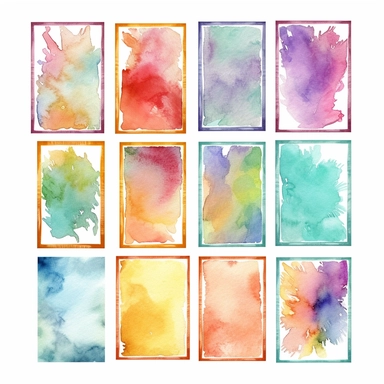 nine abstract watercolor background vector clipart, in different light pastel colors, rectangle frame, hazy romanticism, free brushwork