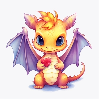 watercolor cute dragon clipart, adorable, big eyes, japan anime style, yellow, full body, holding a lovely heart, dancing happily, on white background